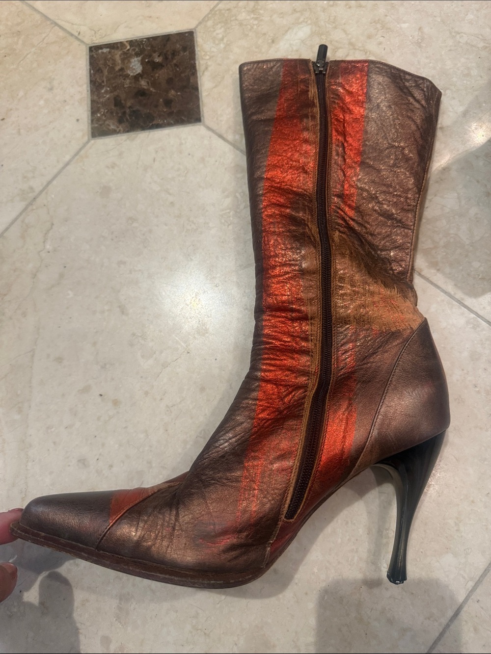 Vintage unique Nando Muzi Metallic Copper-Brown Pointed-Toe Stiletto Ankle Boots
